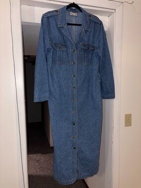 Vintage Monique Fashions Blue Denim Midi Button-Front Dress with cape